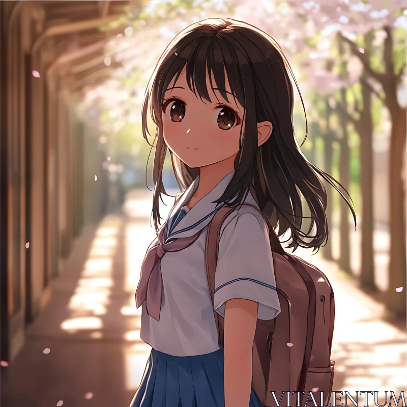 Anime Schoolgirl in Springtime AI Image