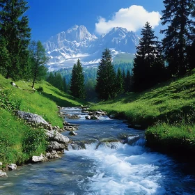 Mountain River Flowing Through Green Hills