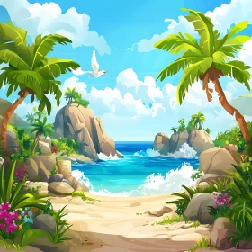 Cartoon Beach with Palm Trees and Turquoise Sea