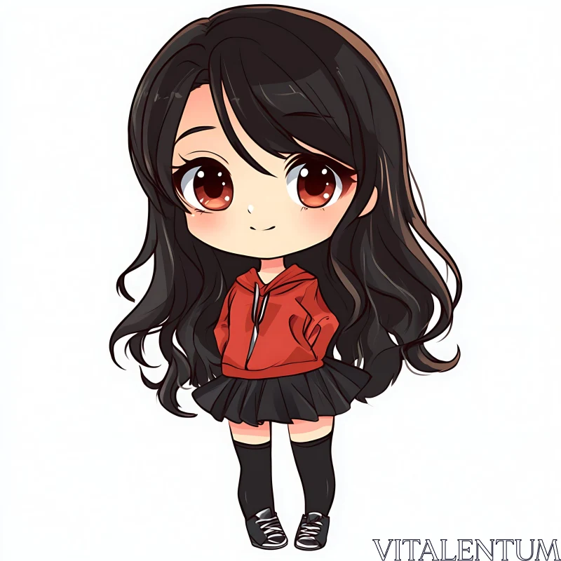 Chibi Anime Girl in Red Hoodie Illustration AI Image