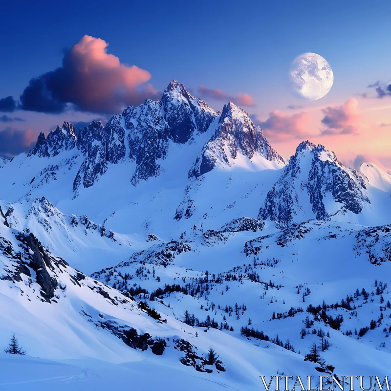 Winter Mountain Landscape with Moon AI Image