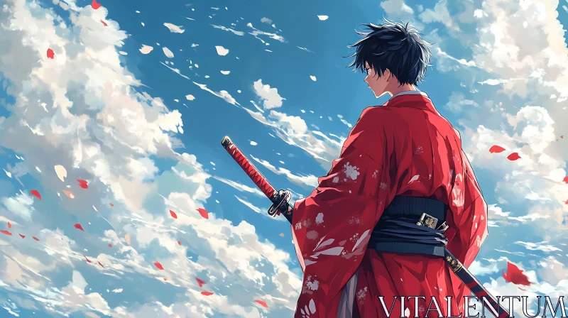 Traditional Anime Samurai with Sword and Sakura Petals in the Sky AI Image