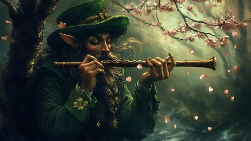 Leprechaun Playing Flute Under Cherry Blossoms