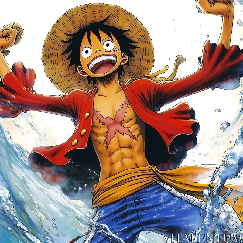 Anime Figure with Straw Hat and Splashes of Water AI Image