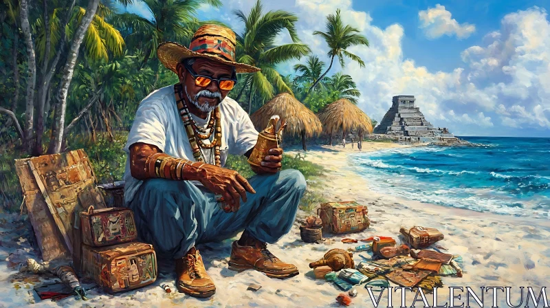 Coastal Vendor with Ancient Souvenirs AI Image