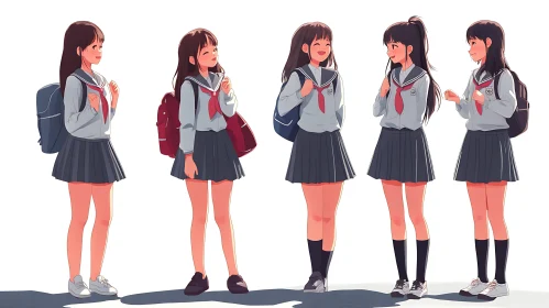 Group of Anime Schoolgirls in Uniforms