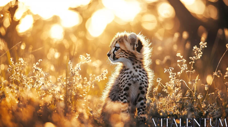 Sunlit Cheetah Baby in Meadow AI Image