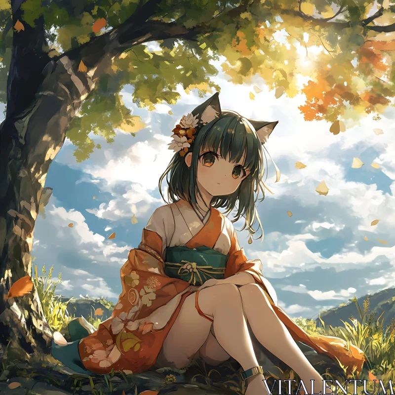 AI ART Anime Girl in Nature with Cat Ears and Kimono