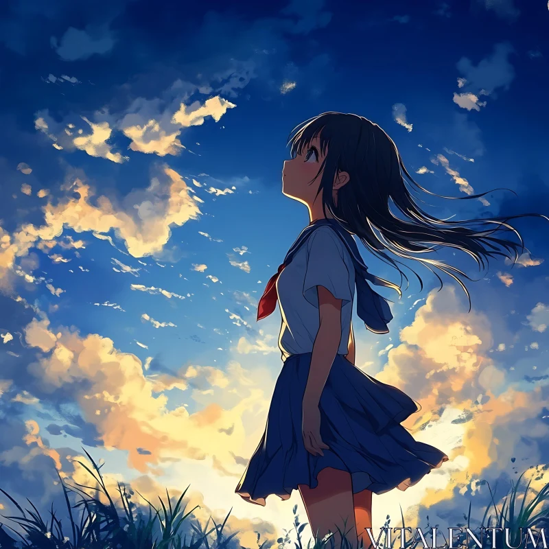 Girl in School Uniform with Sunset Sky AI Image