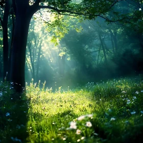 Peaceful Forest with Sun-Dappled Meadow