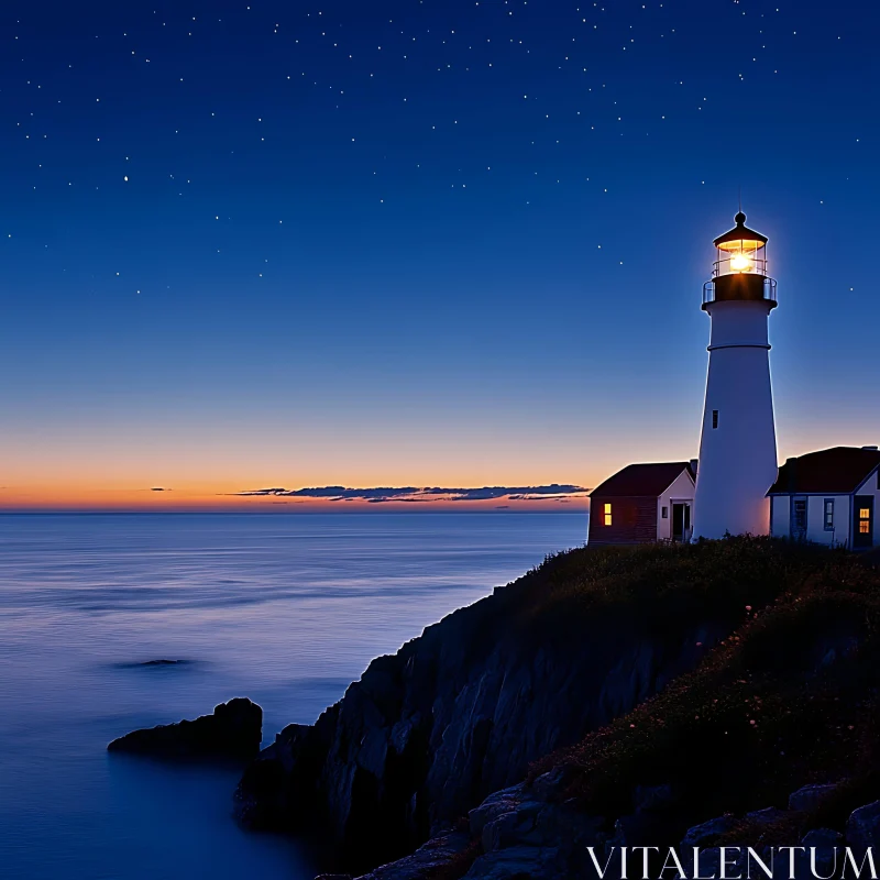 Coastal Lighthouse Under Starry Night Sky AI Image