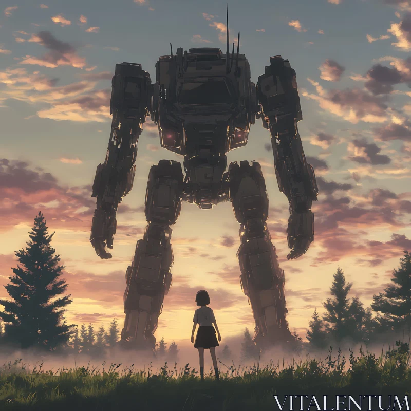 Giant Robot Encounter at Sunset AI Image