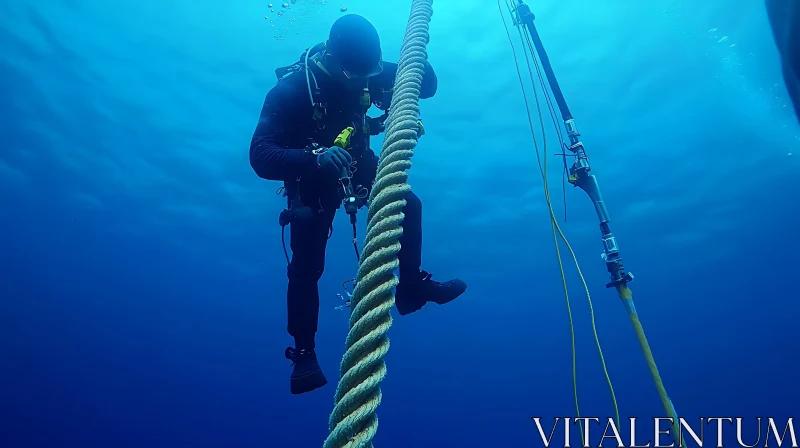 Scuba Diver on Rope in Ocean AI Image