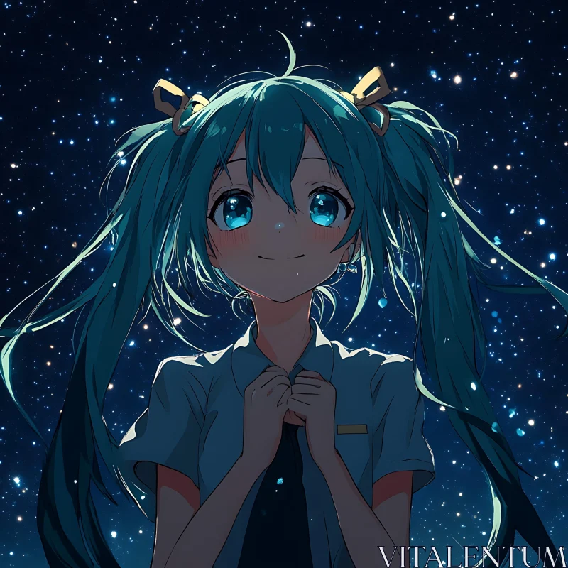 Starry Night Anime Girl with Blue Twintails AI Image