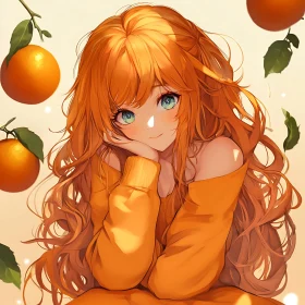 Anime Girl with Orange Hair Surrounded by Oranges