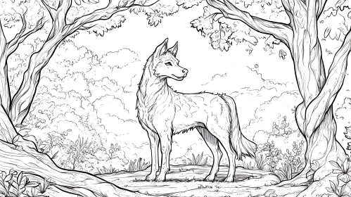 Detailed Wolf Sketch in Woodland Scene