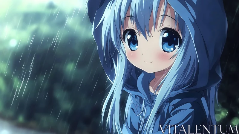 Anime Portrait of a Girl in Rain AI Image