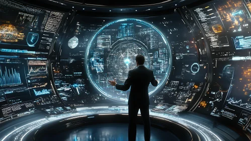 Man Analyzing Data on Circular Screen