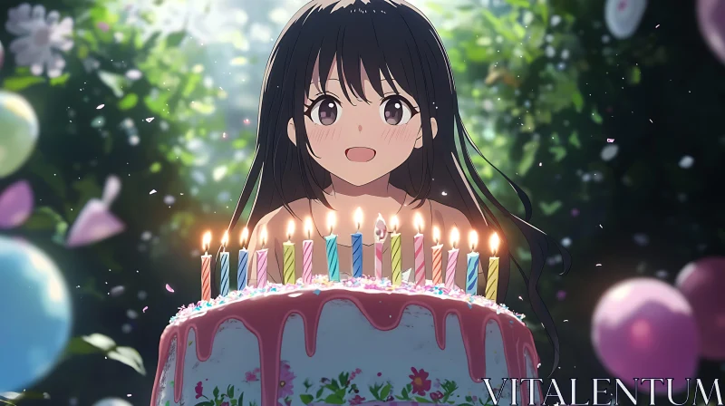 Anime Girl with Birthday Cake in Outdoor Setting AI Image