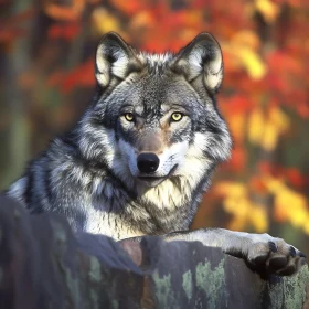 Grey Wolf Resting on Mossy Rock