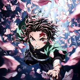 Anime Hero with Sword Amid Cherry Blossoms