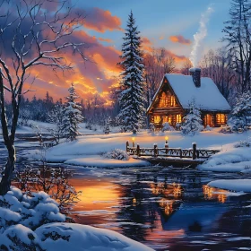 Snowy Cabin Reflection Warm Sunset
