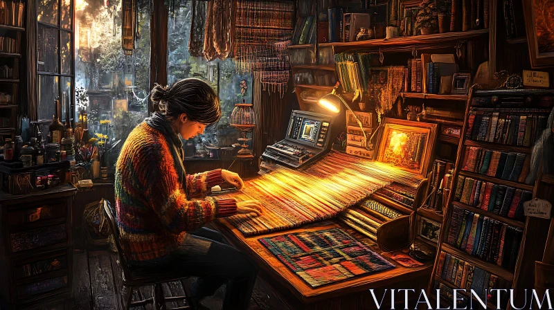 Woman at Loom in Library AI Image