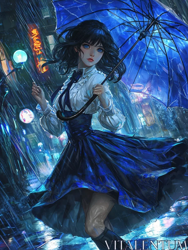 Anime Woman in Rainy City with Blue Umbrella
