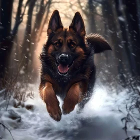 German Shepherd Enjoying Winter in a Snowy Forest