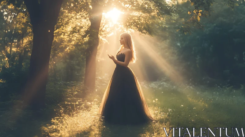 Woman in Dress Forest Sunlight