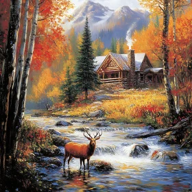 Deer in River by Cabin Art