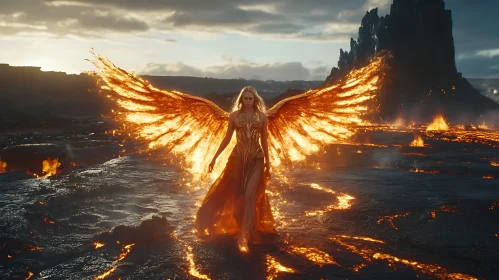 Blonde Angel with Fiery Wings