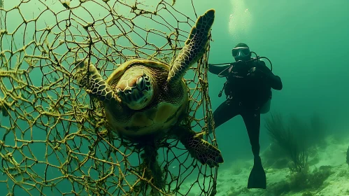 Distress of Marine Life: Turtle in Net