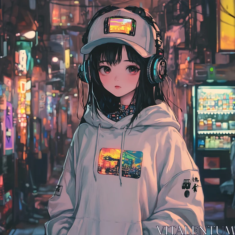 Cyberpunk Anime Girl in Neon Lit Street