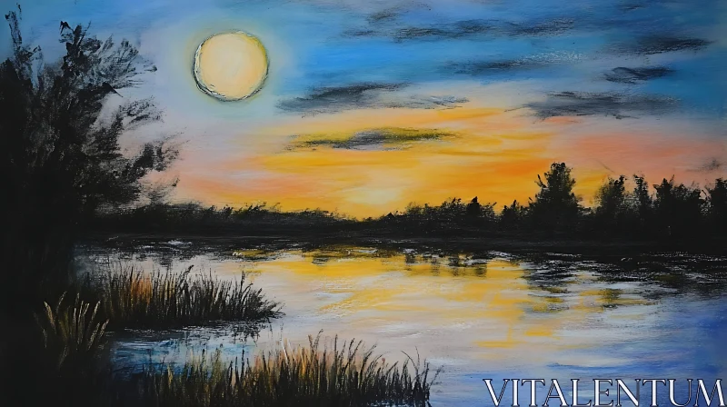Sunset Lake Reflection Landscape Painting