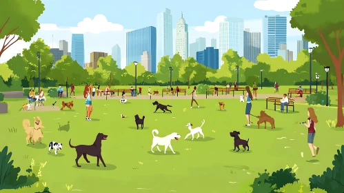 Urban Park Scene with Dogs and Visitors