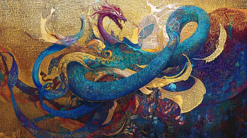 Mythical Dragon Coiling on Gold Canvas