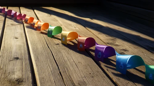 Colorful Ribbon Cascade on Wood