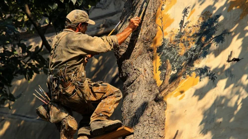 Man Painting Tree on Wall