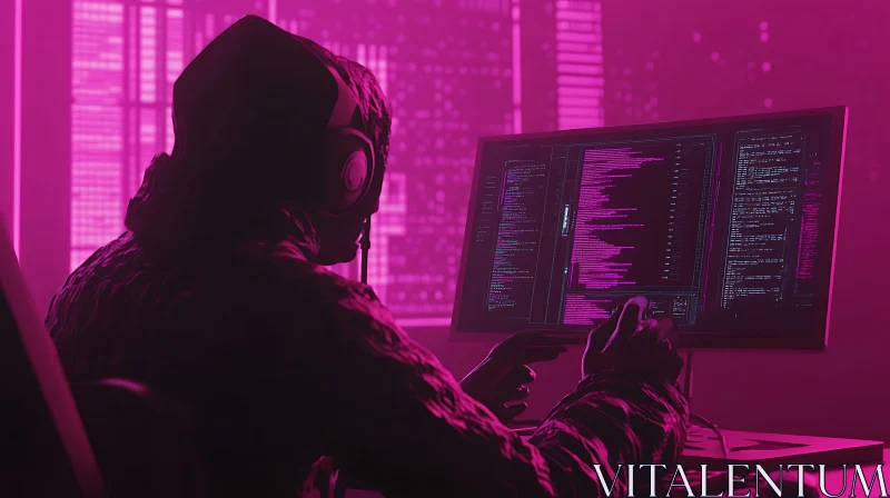 Hooded Coder in Pink Cyberpunk Scene