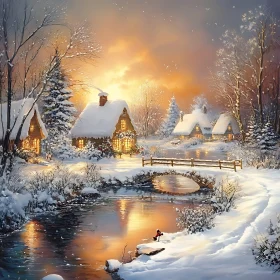 Snowy Cottages by the River