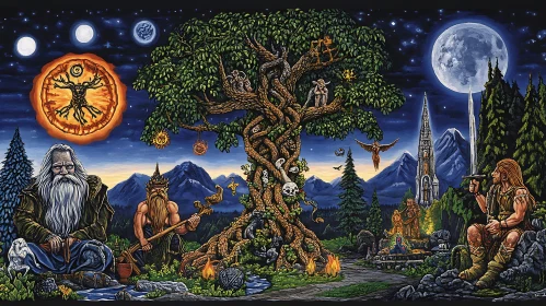 Mystical Night with Wizards and Ancient Tree