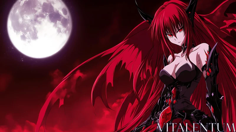 Crimson-Haired Anime Character with Demonic Wings