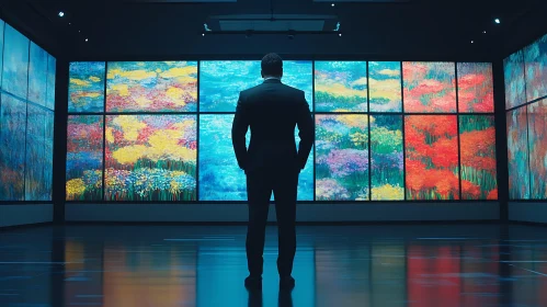 Man in Suit Admiring Abstract Art