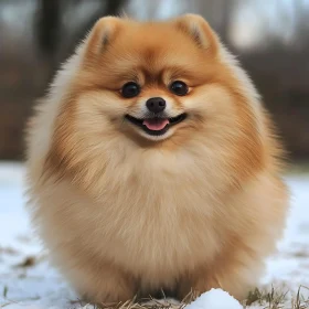 Adorable Smiling Pomeranian in Winter Landscape