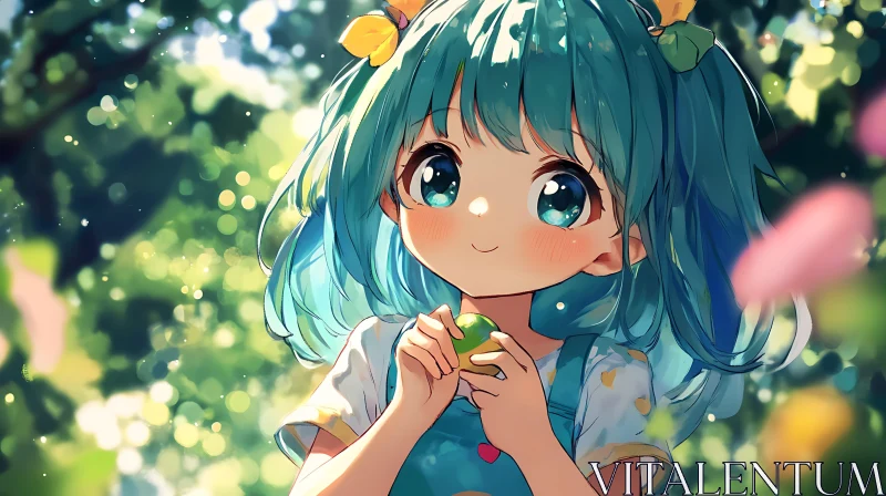 AI ART Adorable Anime Girl with Blue Hair and Apple