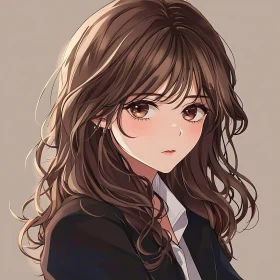 Anime Girl Illustration with Flowing Brown Hair
