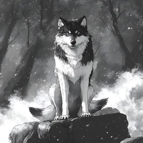 Monochrome Wolf Portrait in Winter Landscape