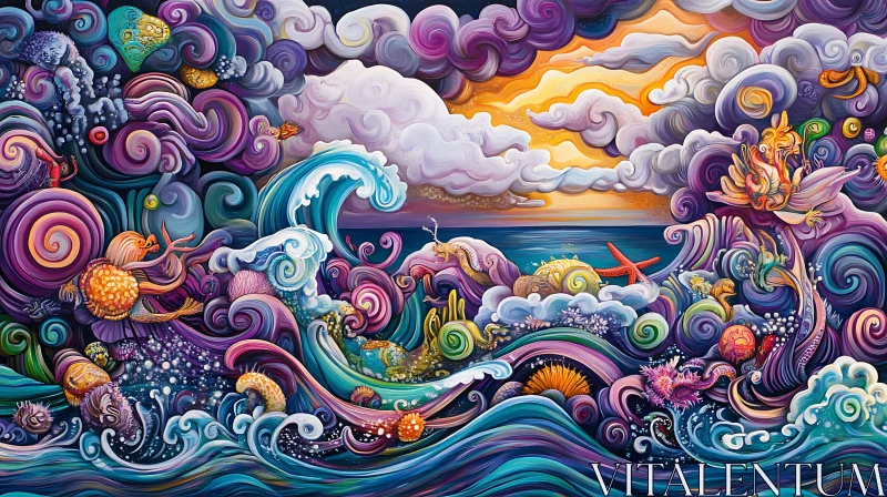 Colorful Seascape with Fantasy Marine Life