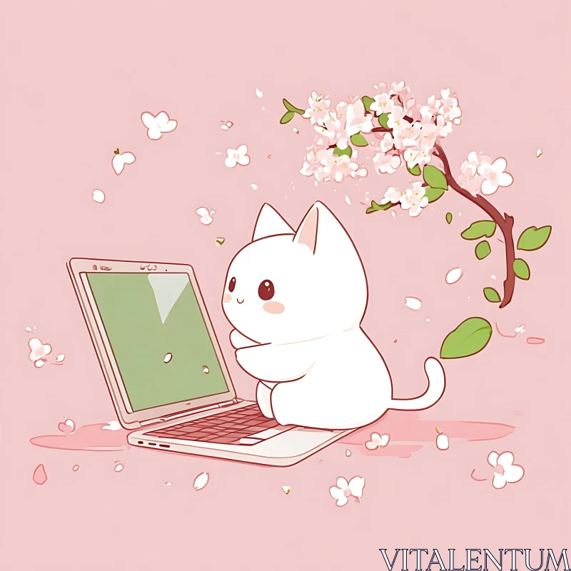 Cute Cat with Laptop and Blossoms on Pink Background